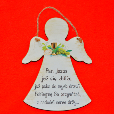 Drewniana zawieszka ANIOŁEK AS04 "Pan Jezus..." KOMUNIJNY nadruk UV
